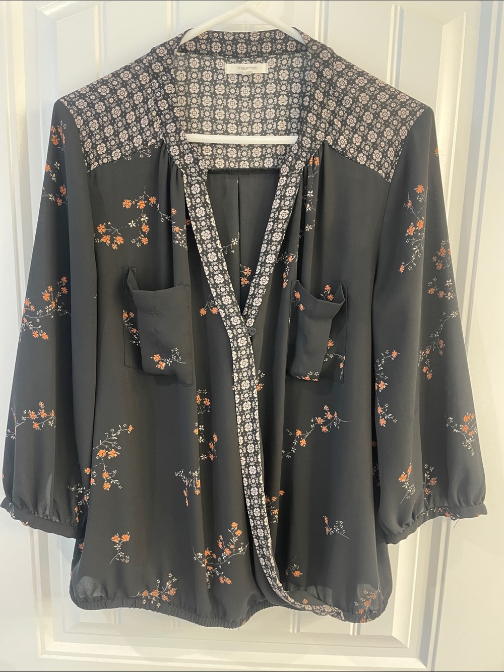Maurice’s Women’s Floral Boucle-Trim Blouse - Black with Orange Floral